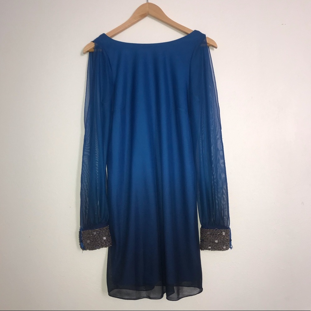 Sheer cut-out sleeve shift dress w/ beaded cuffs